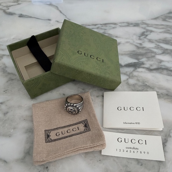 GUCCI AG925 Interlocking G GG Logo Ster Silver Signet Ring Size IT 13/ US 6.75 - Picture 2 of 16